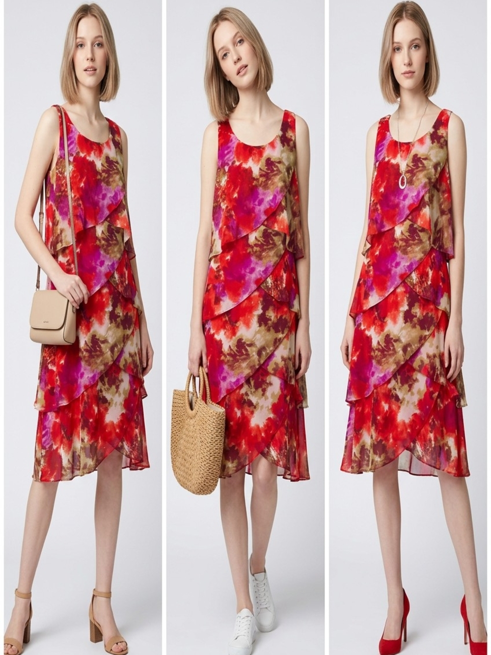 S.L. Fashions Red, Pink & Brown Floral Tiered Midi Dress